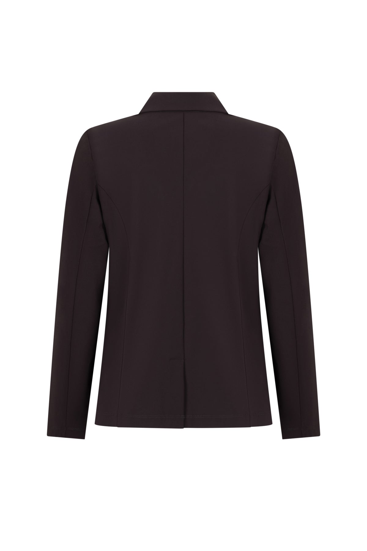 Zoso Travel Blazer Chantal Espresso, dames blazer in donkerbruin, stijlvolle en nette pasvorm, getoond op mannequin.