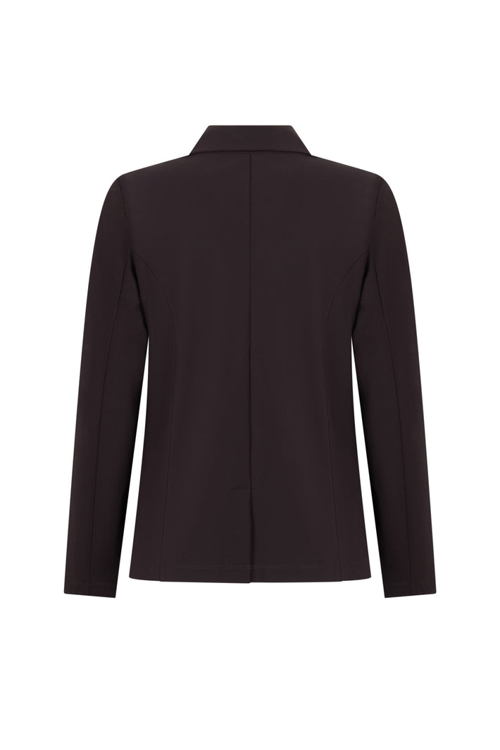 Zoso Travel Blazer Chantal Espresso, dames blazer in donkerbruin, stijlvolle en nette pasvorm, getoond op mannequin.
