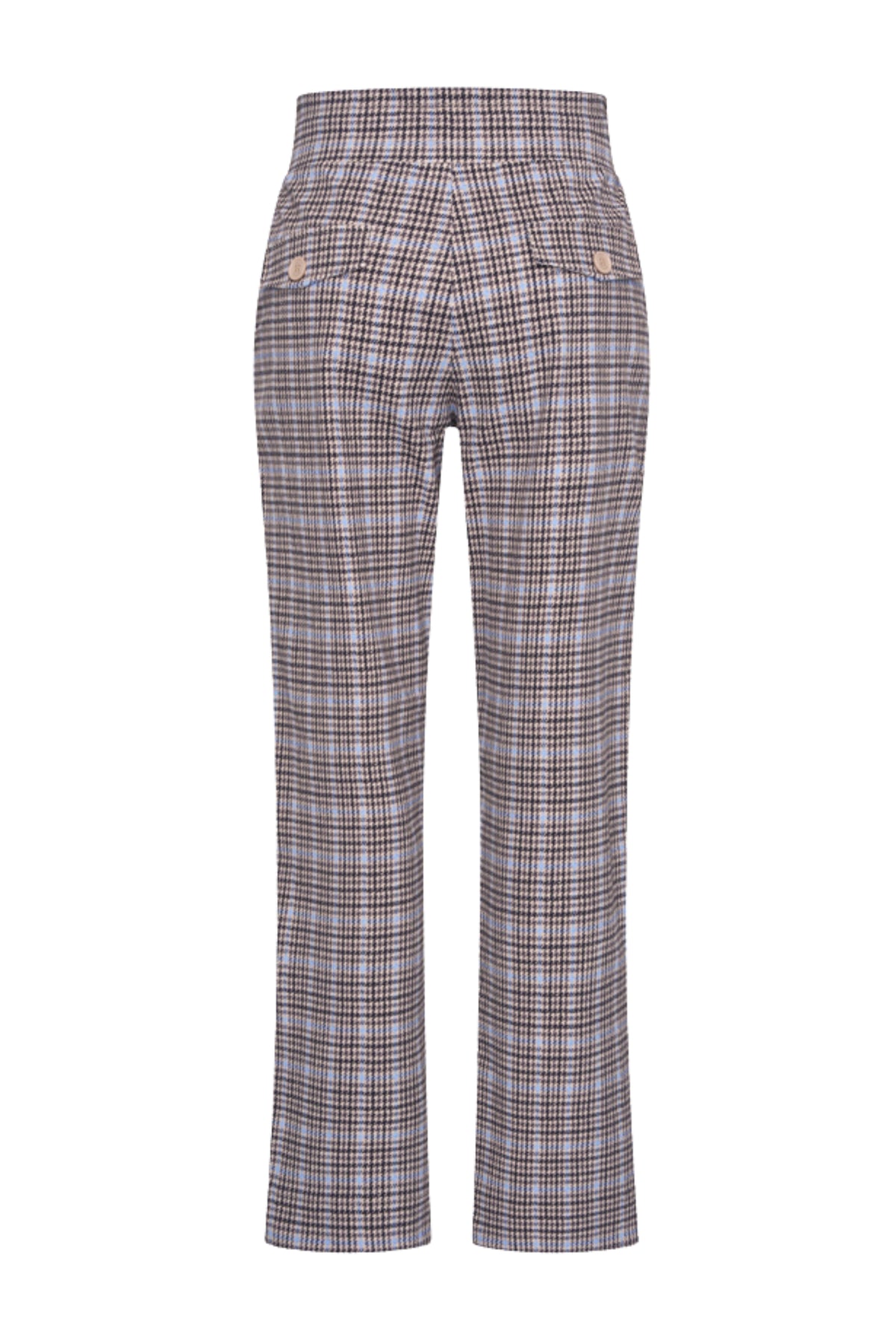Zwarte heavy travel broek van Mi Piace met harvest tweed print en blauwe details, geschikt voor comfortabel reizen.
