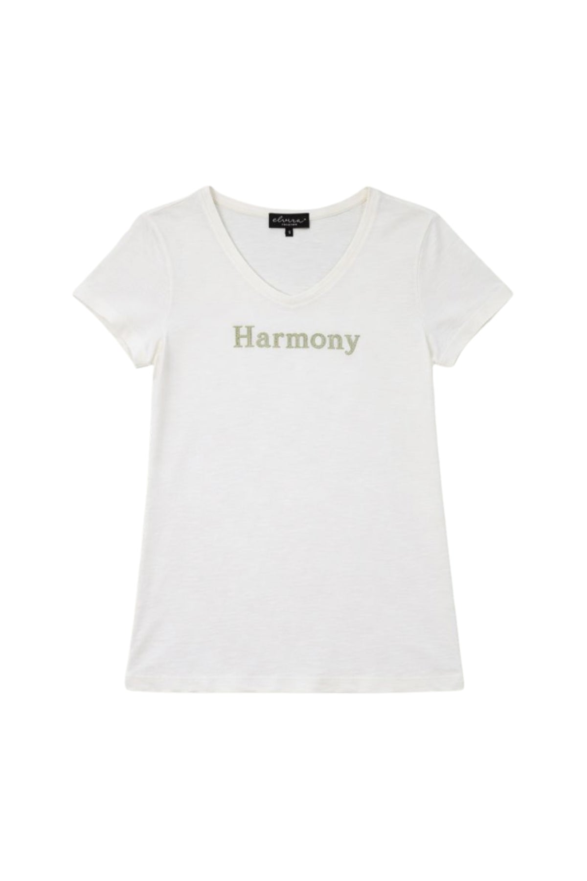 Lichtgroene Harmony T-shirt van Elvira Casuals met offwhite en sage kleuren, casual stijl, gedragen door een model.
