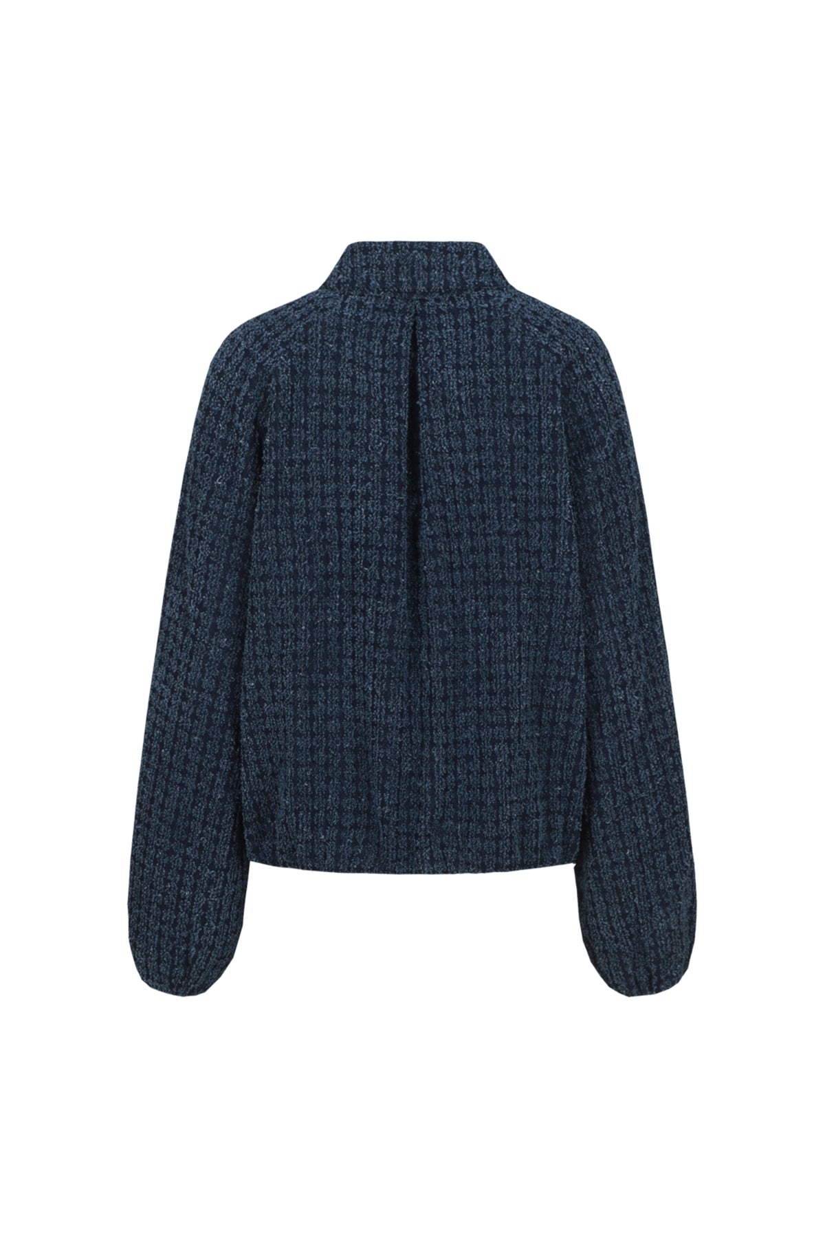Donkerblauwe denim jas Keelin van G-maxx, met capuchon en knoopsluiting, hangend aan een kapstok.