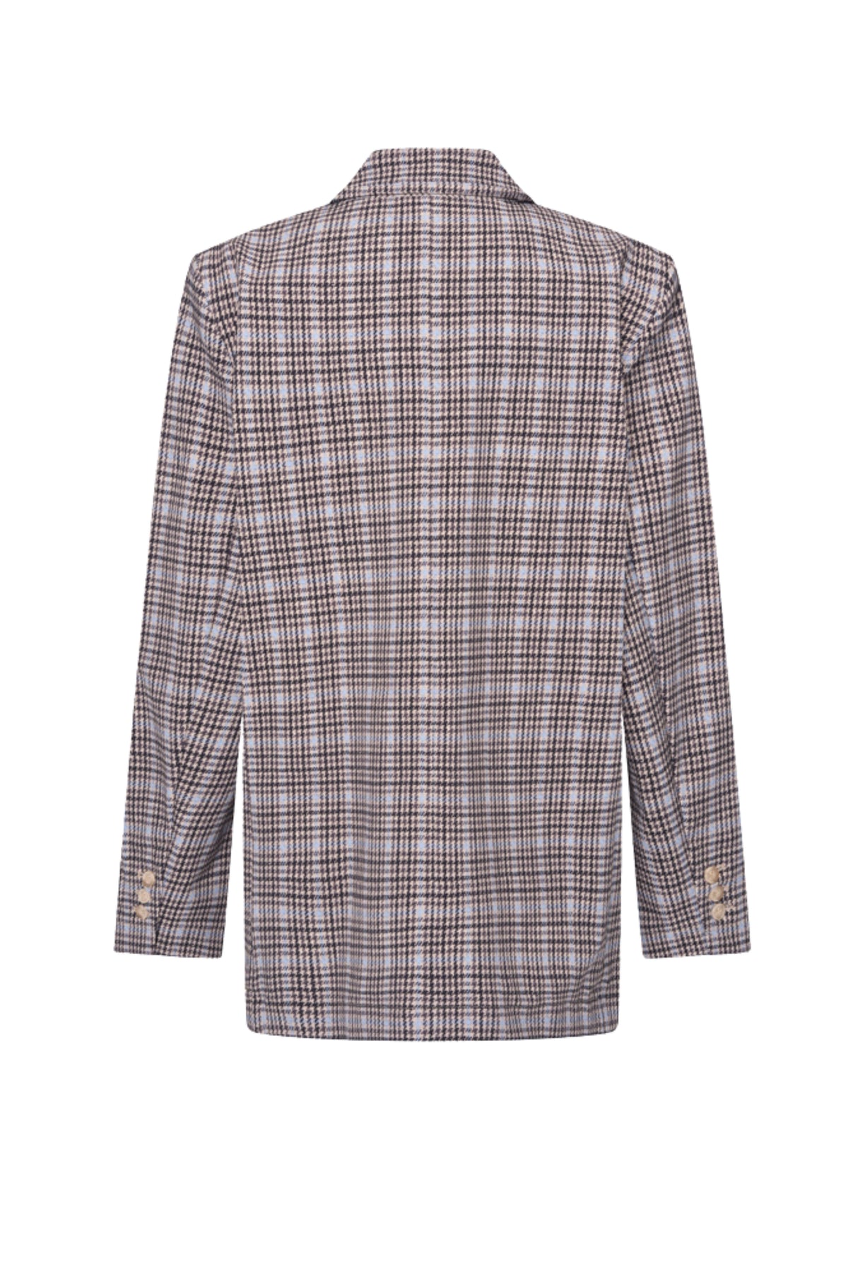 Oversized harvest tweed blazer van Mi Piace met blauwe tinten en gedetailleerd print, perfect voor reisstijl.