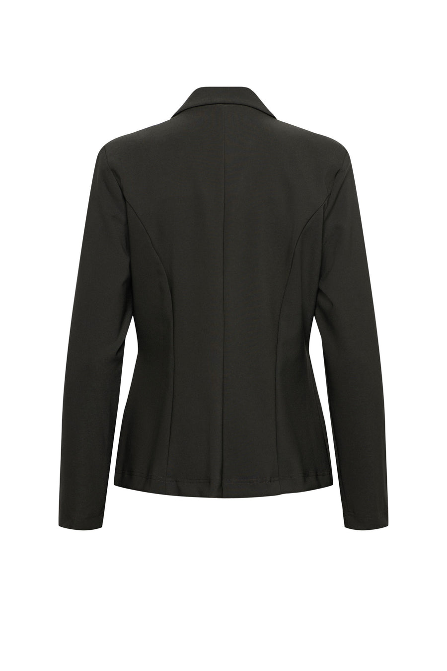 Donkere kaki &Co woman Heavy Travel Blazer Phileine, damesreversk blazer met knopen en zakken, gedragen door een model.