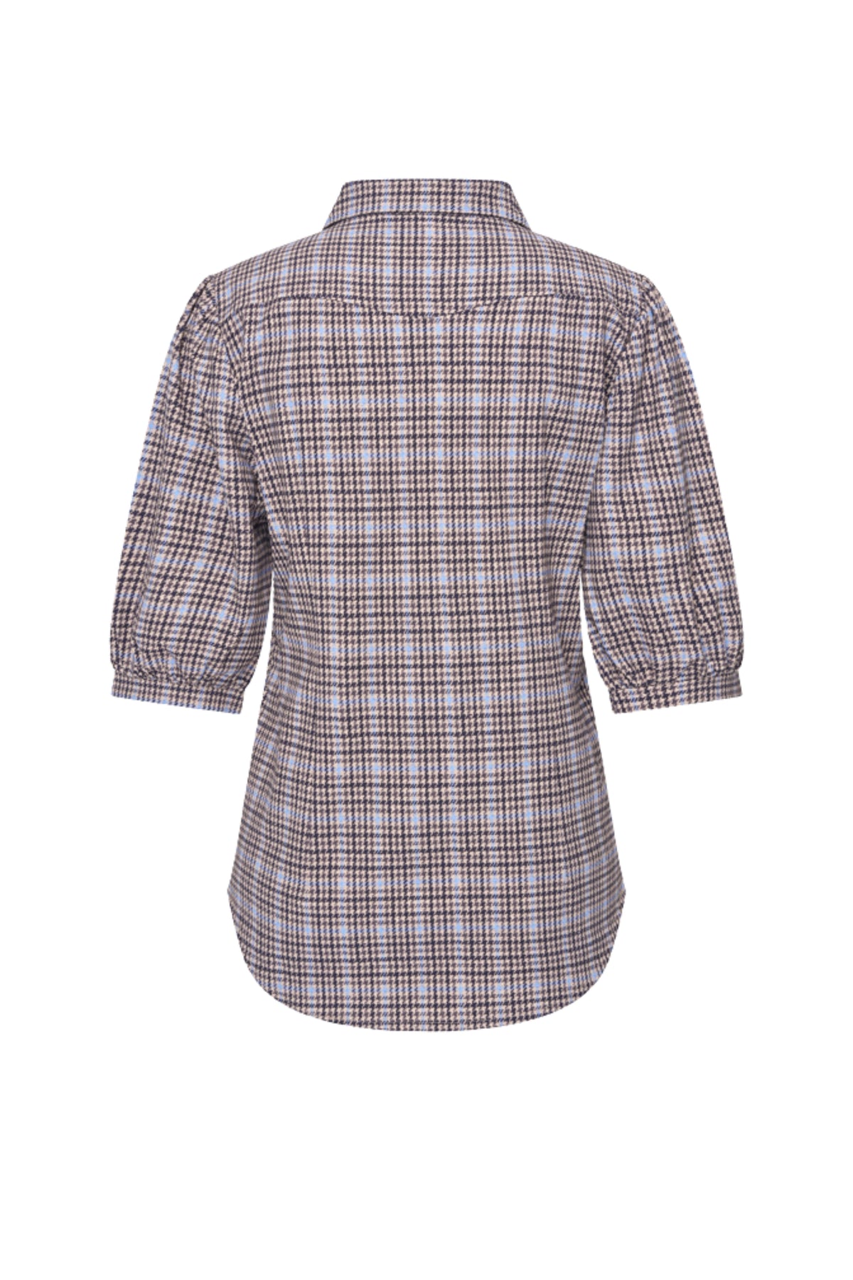 Mi Piace travel blouse met pofmouwen in Harvest Tweed print Della Blue, zichtbaar op de afbeelding.
