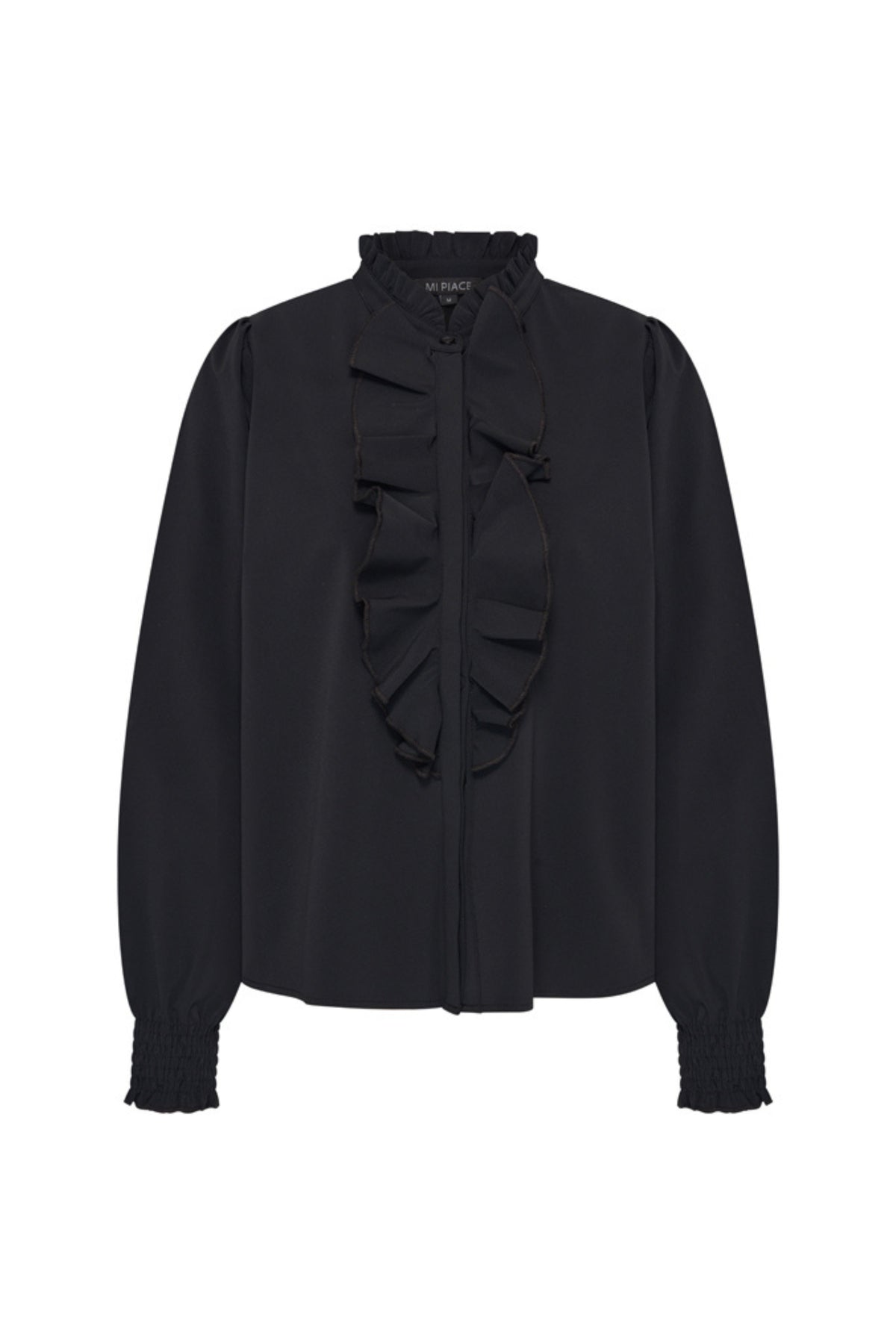 Mi Piace Travel blouse Ruffle Black, zwarte blouse met ruches, model 202930