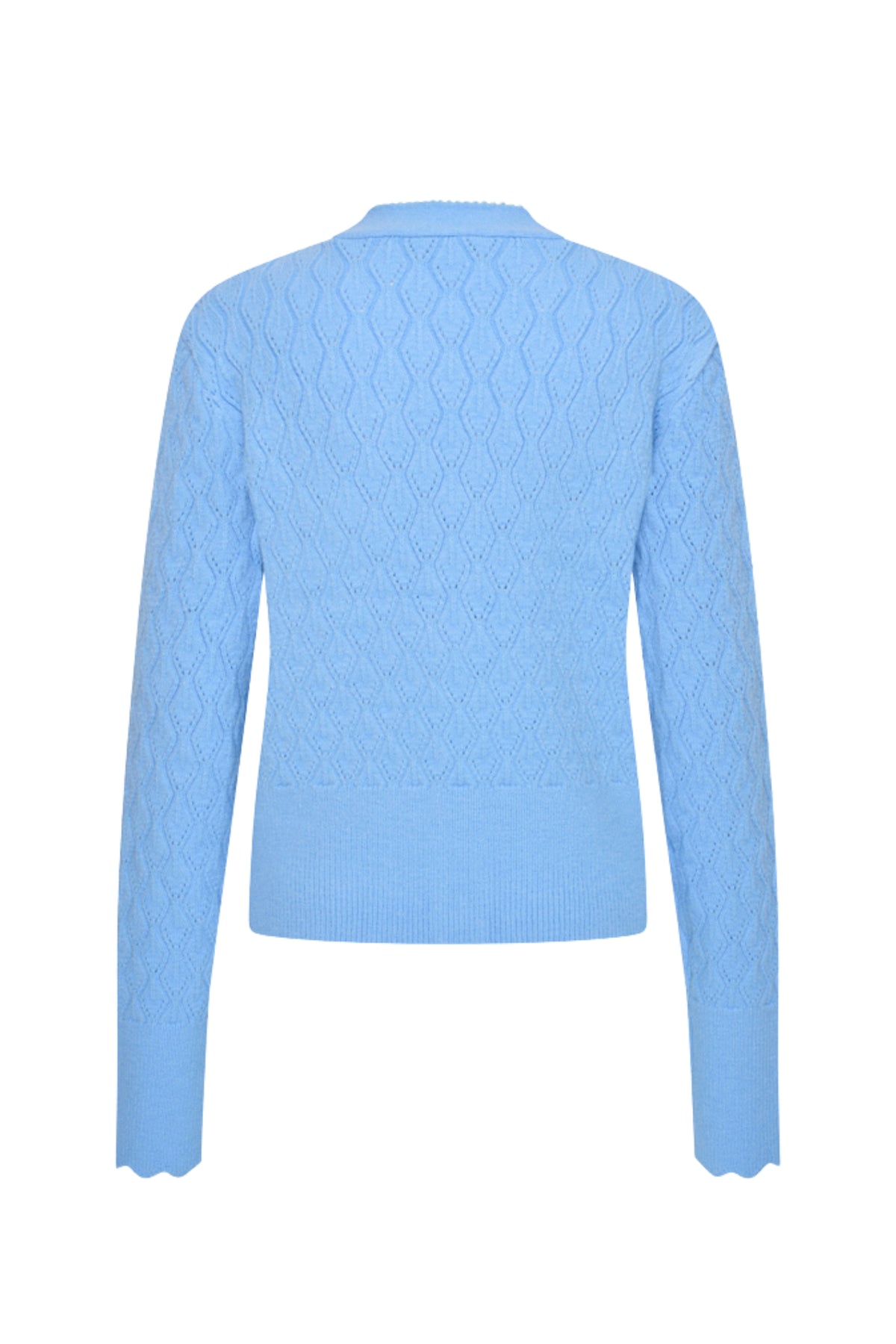 Lichte blauwe Ajour Bow Della vest van Mi Piace, gedetailleerd met borduursels en knoopsluiting, voor dames.