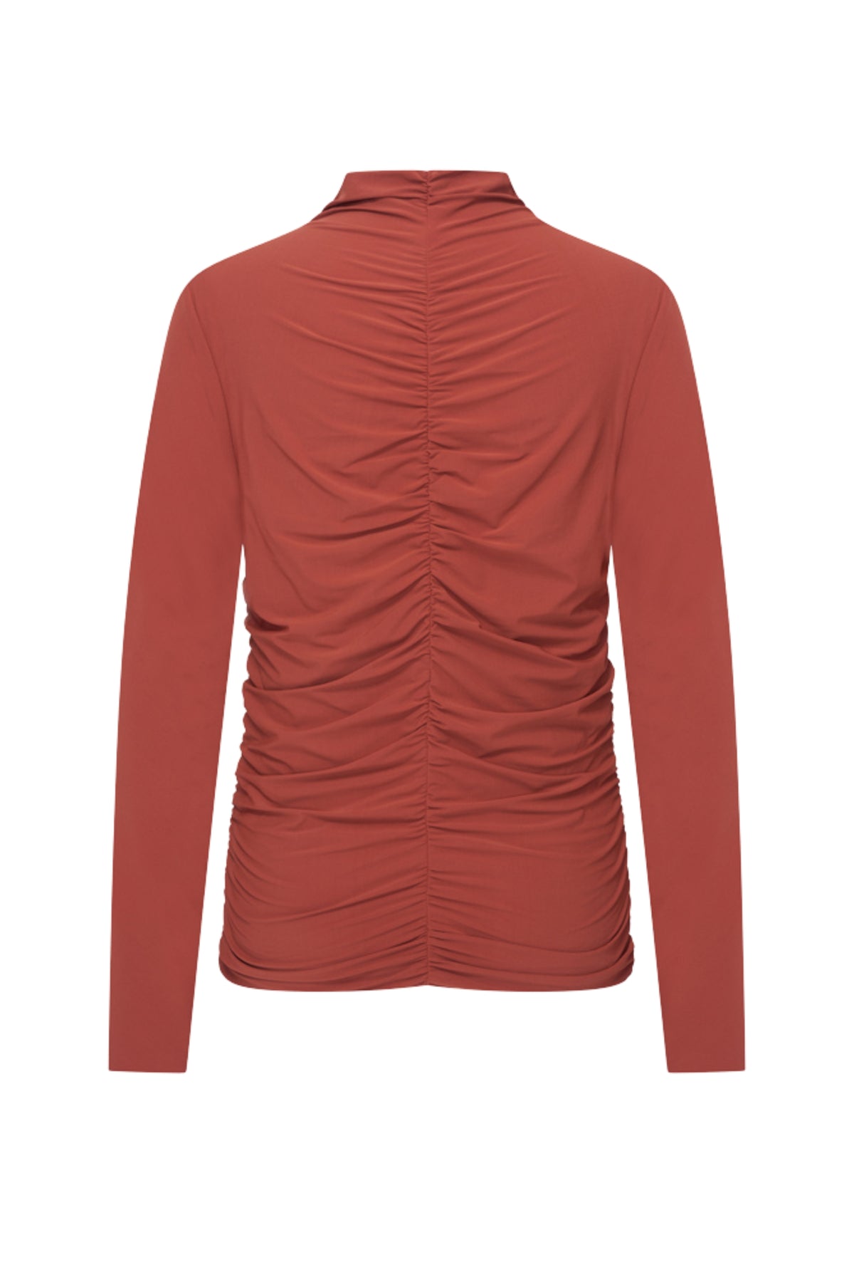 Mi Piace Travel Top Wrinckle Light in Fired Brick, close-up van de textuur en detail van de top in lichte brickkleur.