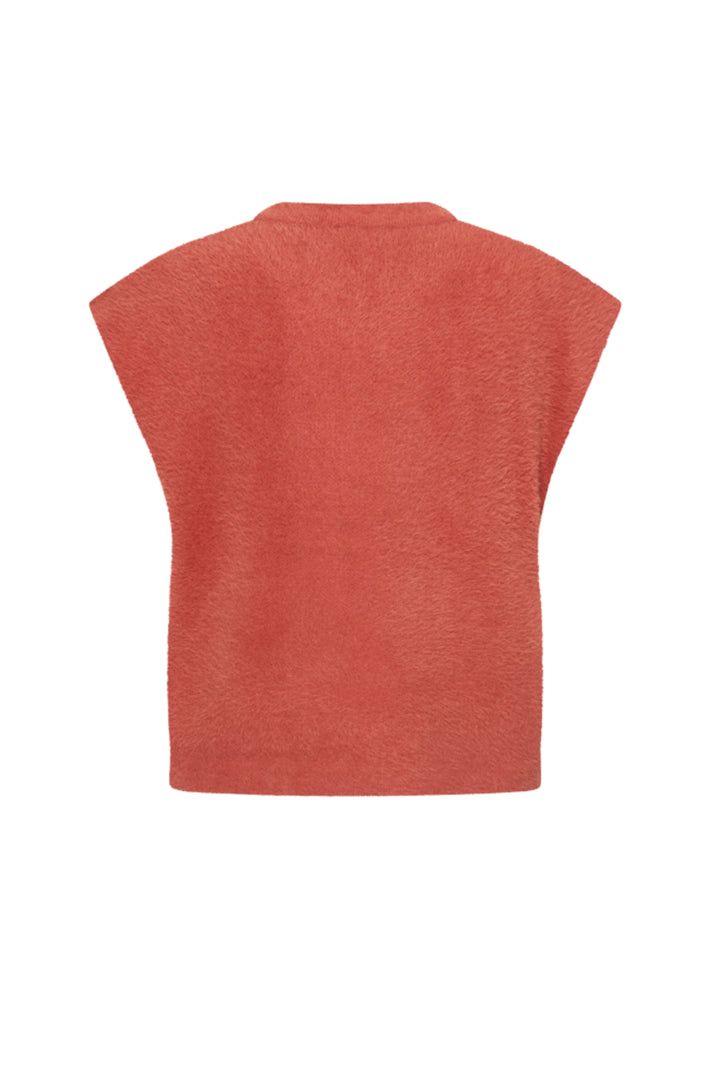 Zwarte, sleeveless vest met haardessin en vlammenpatroon van Mi Piace, model 202920, met een ruwe textuur en brandende uitstraling.