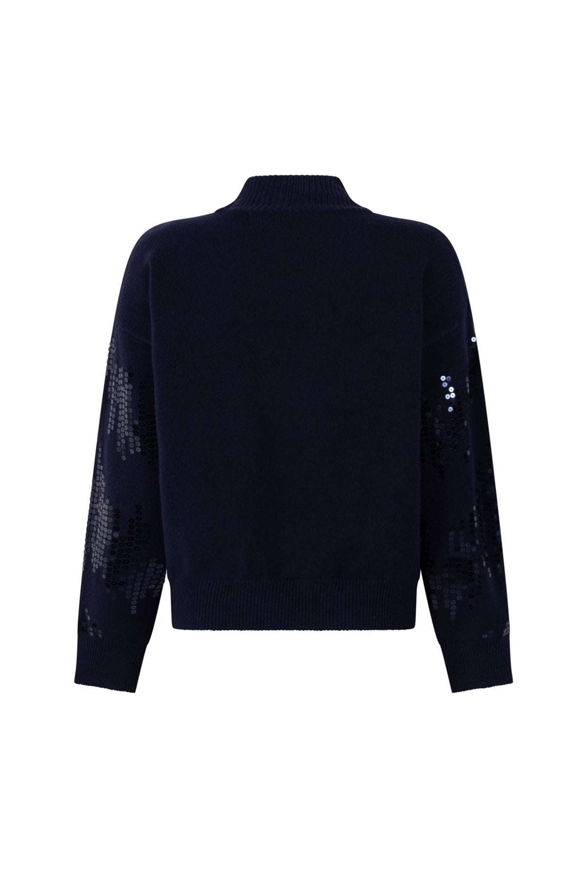 Zoso Jody Navy sweater met ronde hals en lange mouwen, gedragen door een model, close-up van de textuur en pasvorm.