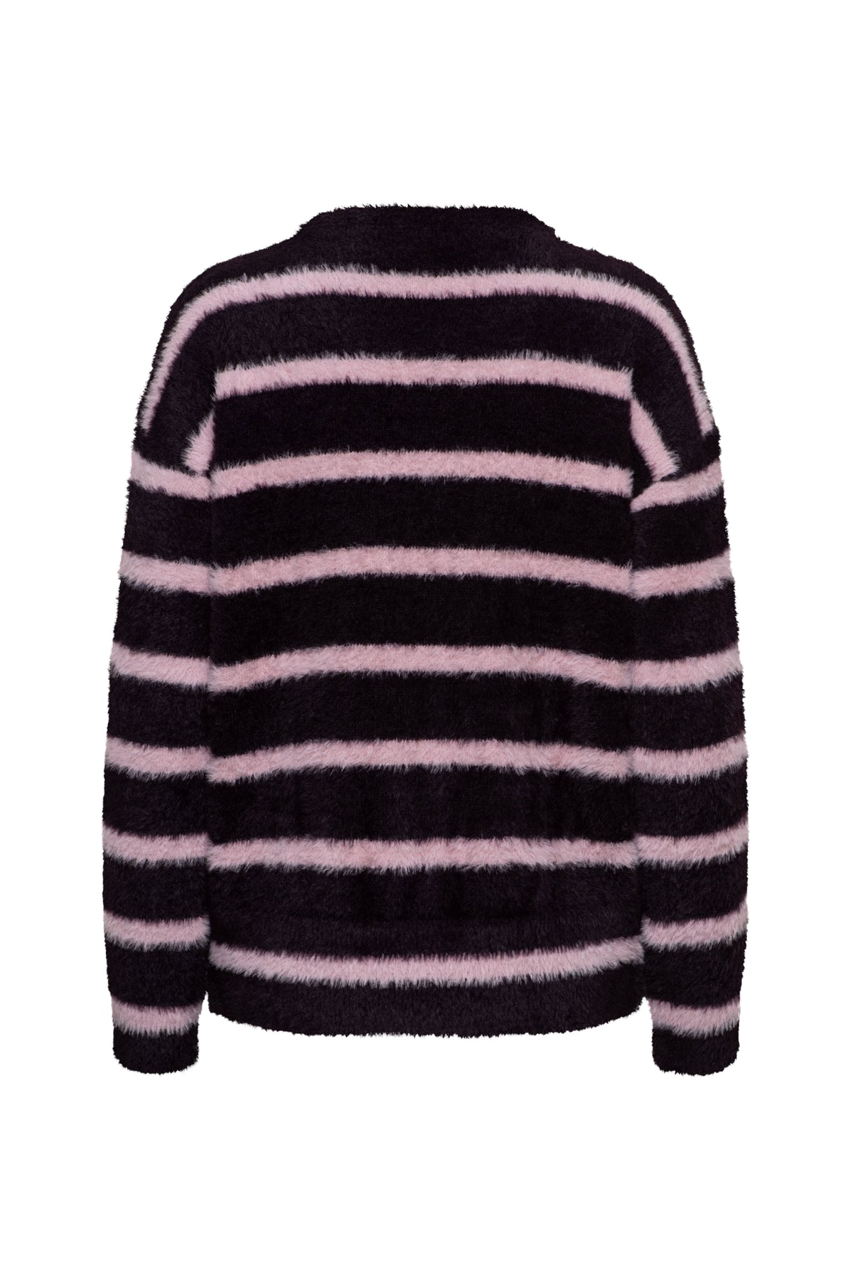 Donkere paarse trui van &Co woman met balen patroon en multi-kleur details, gedragen door een model, close-up van de stof en pasvorm