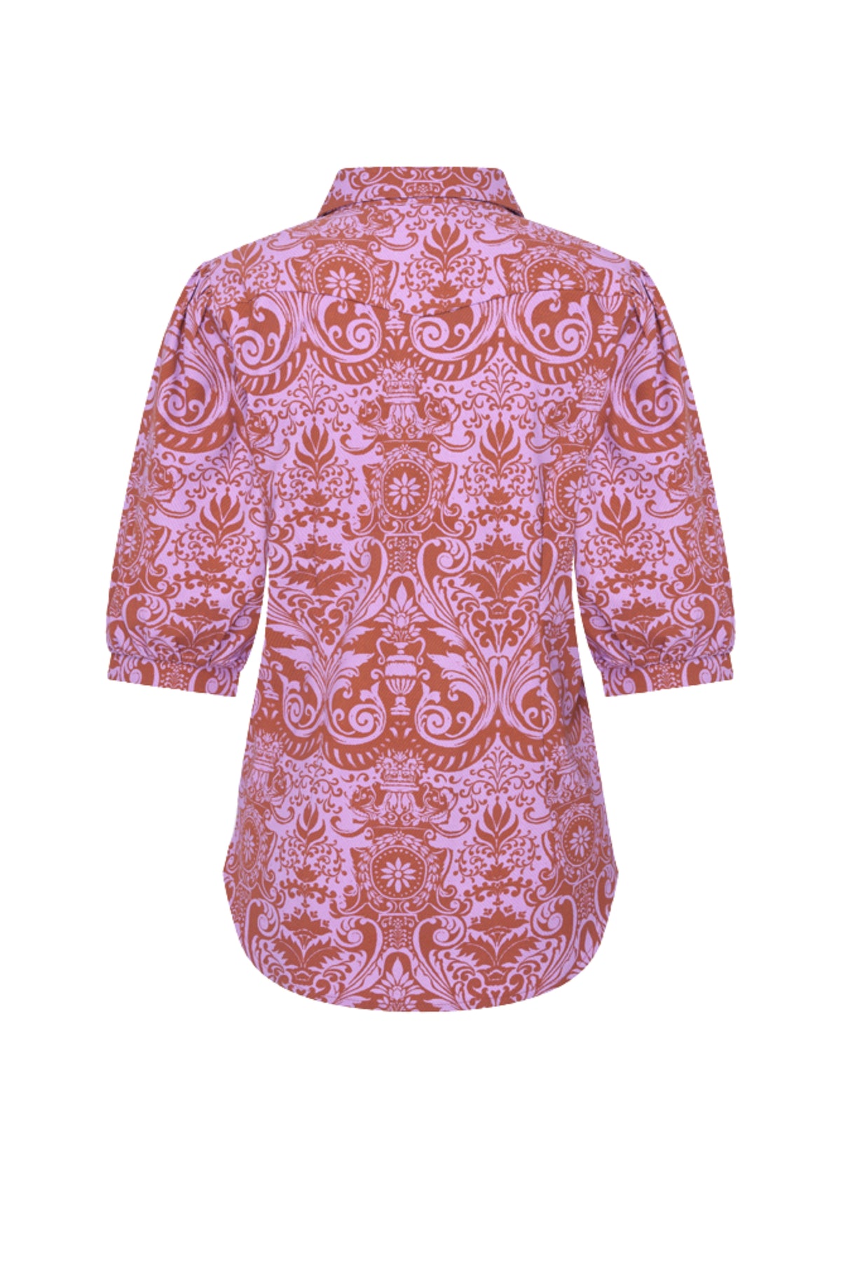 Mi Piace reisblouse met pofmouwen in brique met barokprint en hyacintkleur, geschikt voor comfortabel reizen en stijlvolle outfits.
