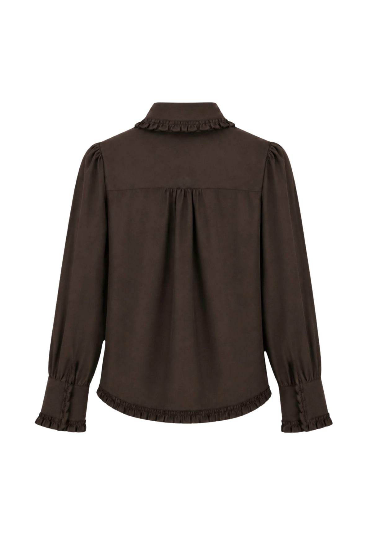 Donkere koffiekleurige blouse Camilla van Elvira Casuals met zachte stof en stijlvolle pasvorm, getoond in close-up.
