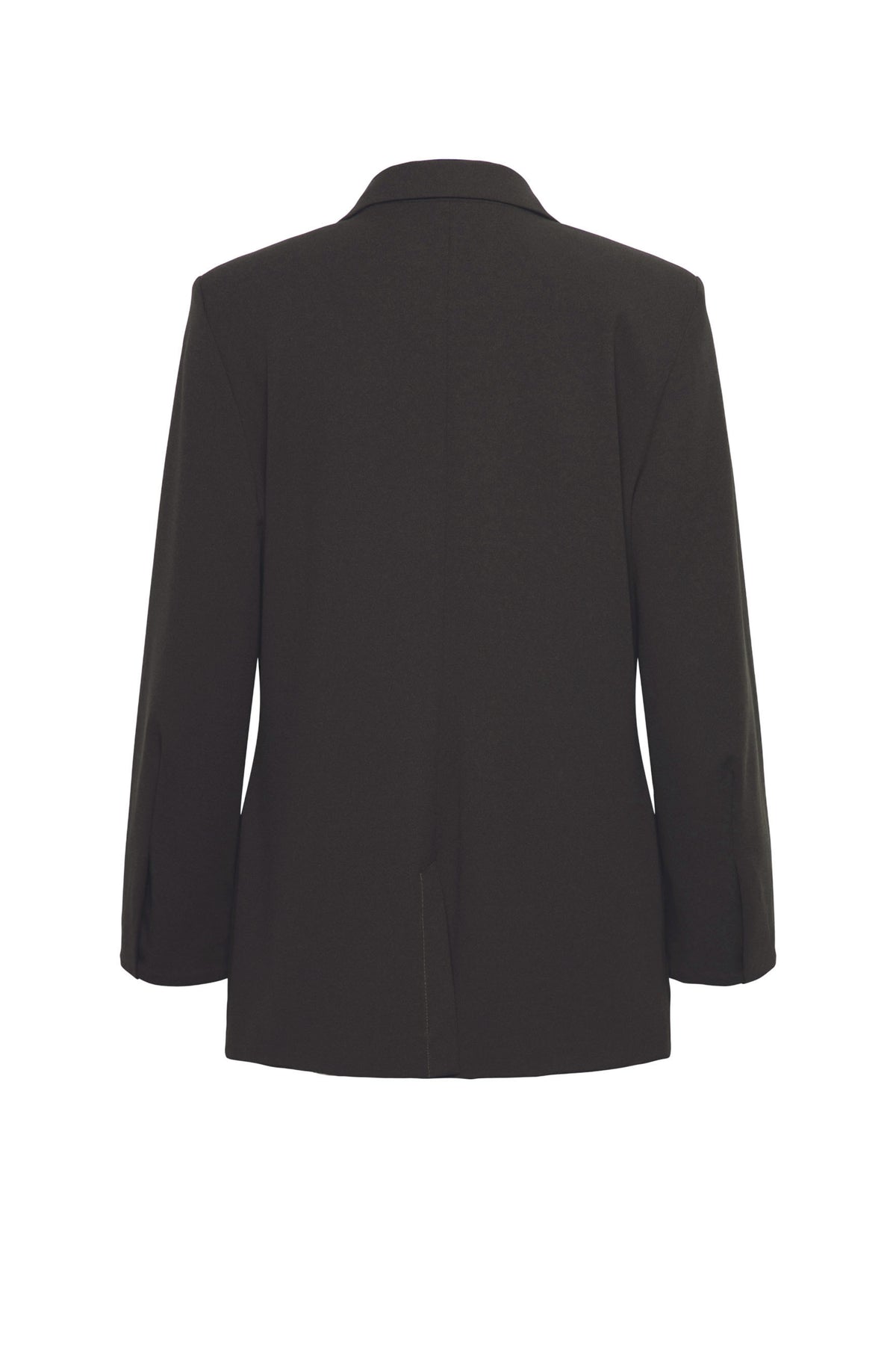 Donker kaki blazer Glennis van &Co woman, getailleerd met knopen en lange mouwen, gedragen door een model.