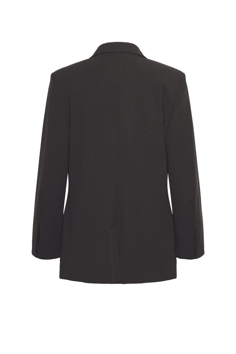 Donker kaki blazer Glennis van &Co woman, getailleerd met knopen en lange mouwen, gedragen door een model.