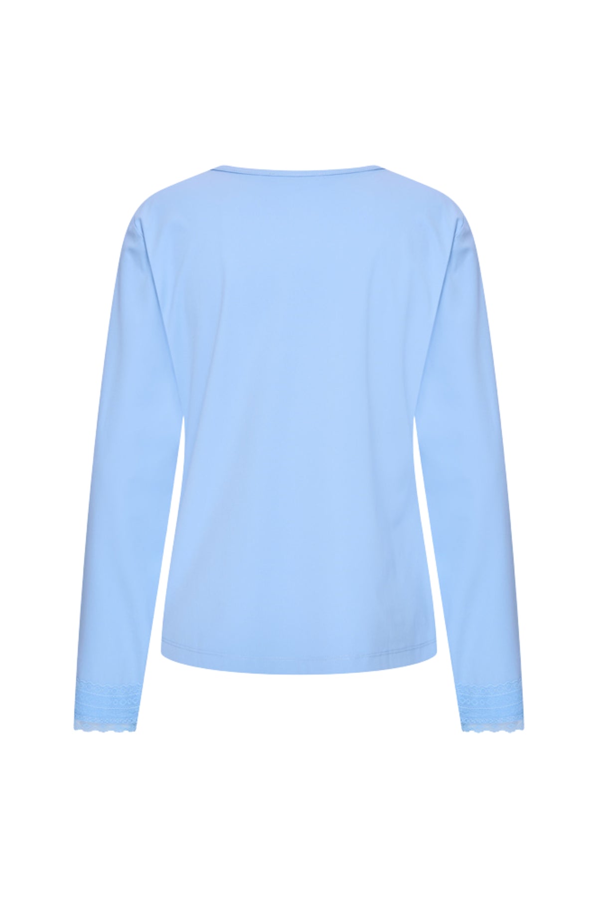 Lichte blauwe Travel Top Lace Della van Mi Piace met kanten details en comfortabele pasvorm.