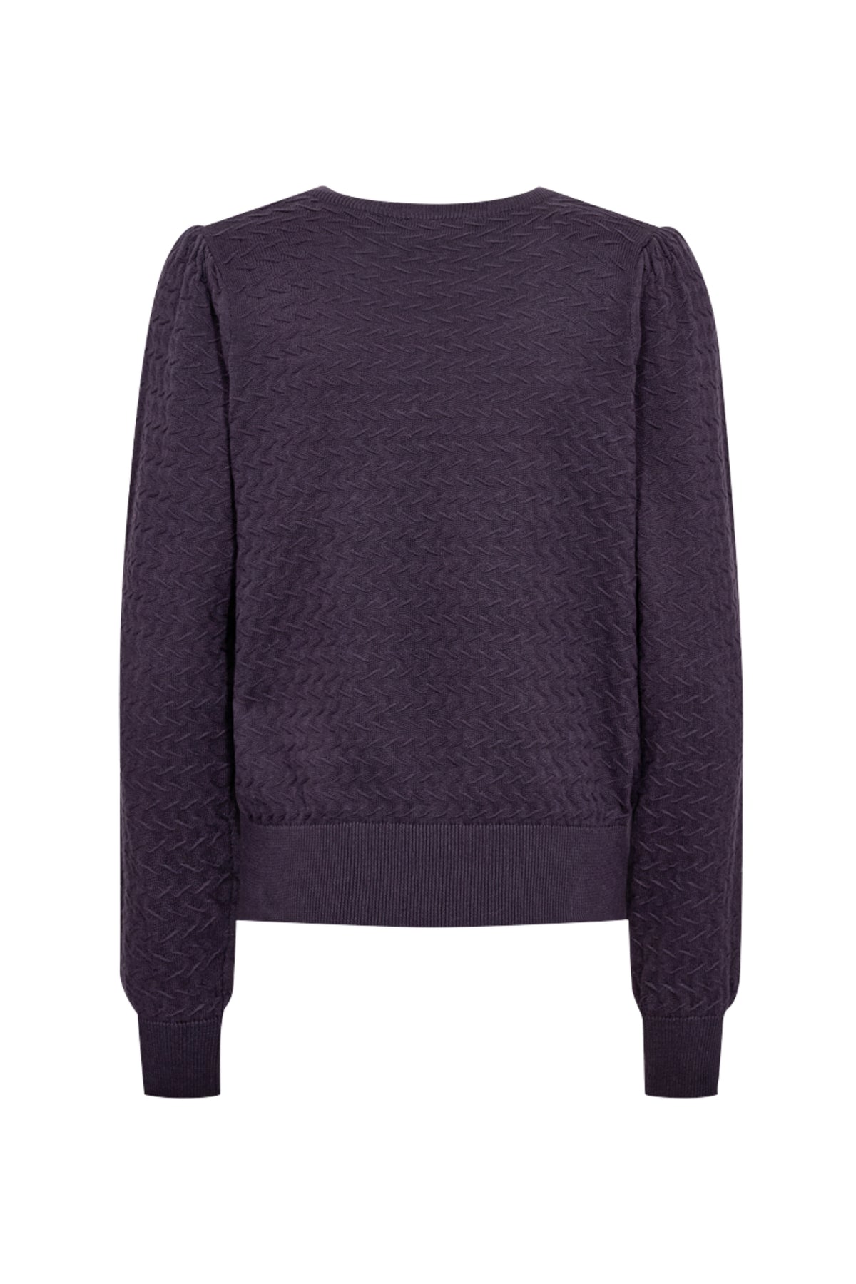 Donkere trui Freequent Nightshade 206794 met lange mouwen en comfortabele pasvorm, gedragen door een model.