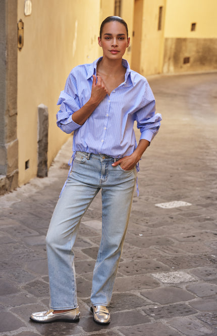 EsQualo Blouse Striped Cropped Batwing Blue White SP26.28002 Stretchshop.nl