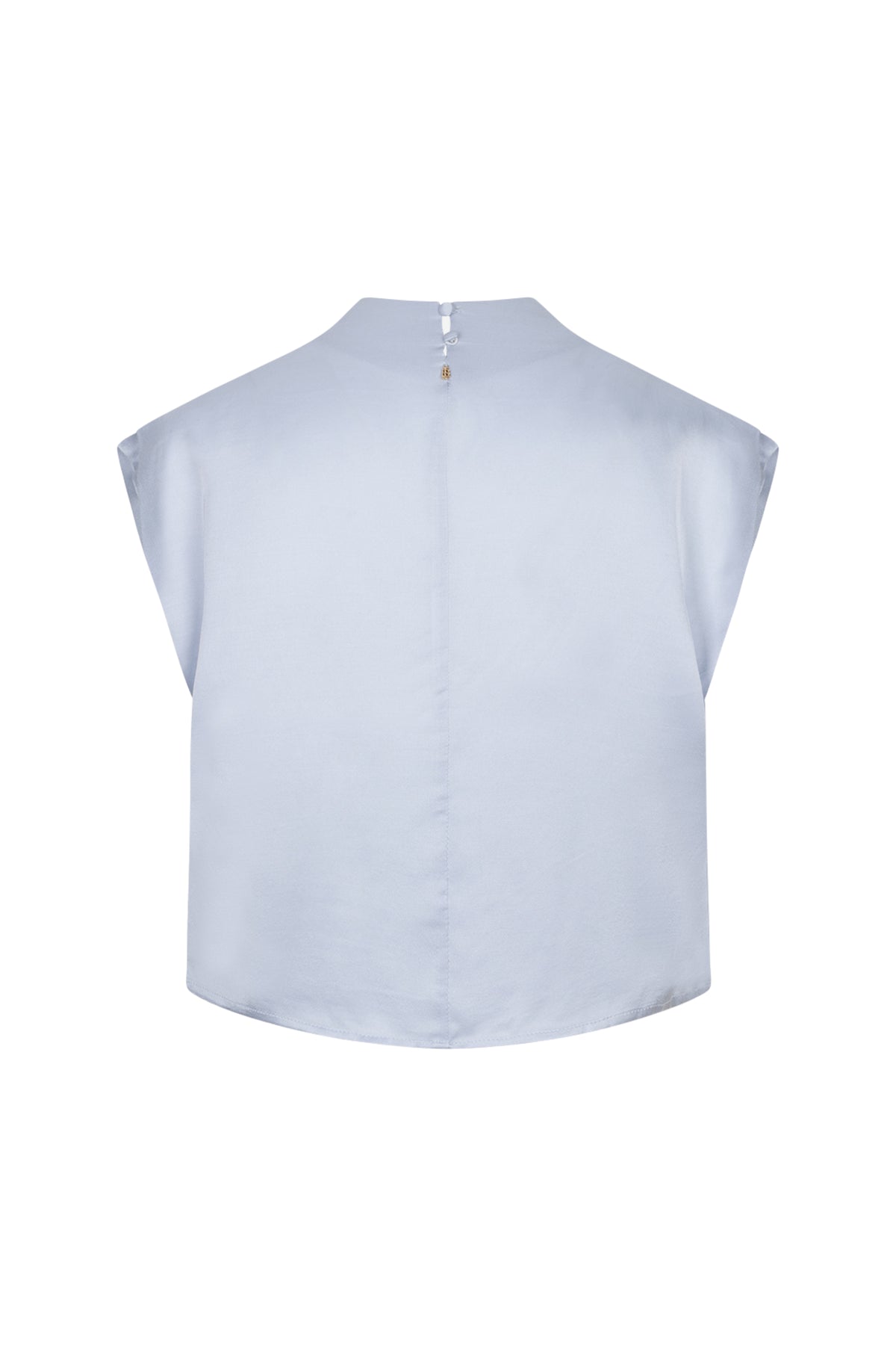 Ibana Top Tyana Violetta in blauw, close-up van de stijlvolle blouse met ronde hals en lichte textuur.