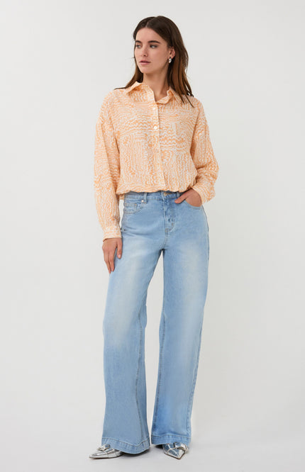 EsQualo Blouse Elastic Bottom Waves Print SP26.10020 Stretchshop.nl