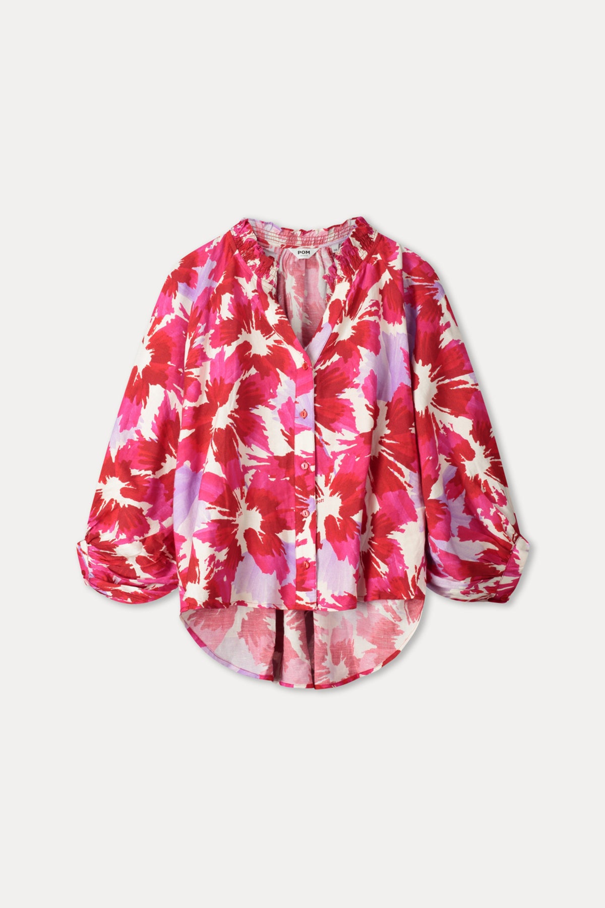 POM Amsterdam lavendel linnen blouse met kleurrijk print, stijlvolle bubble stijl en comfortabele pasvorm, mode voor vrouwen.