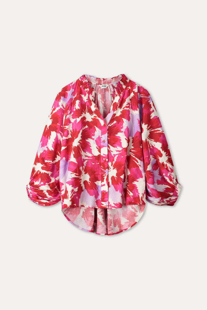 POM Amsterdam lavendel linnen blouse met kleurrijk print, stijlvolle bubble stijl en comfortabele pasvorm, mode voor vrouwen.