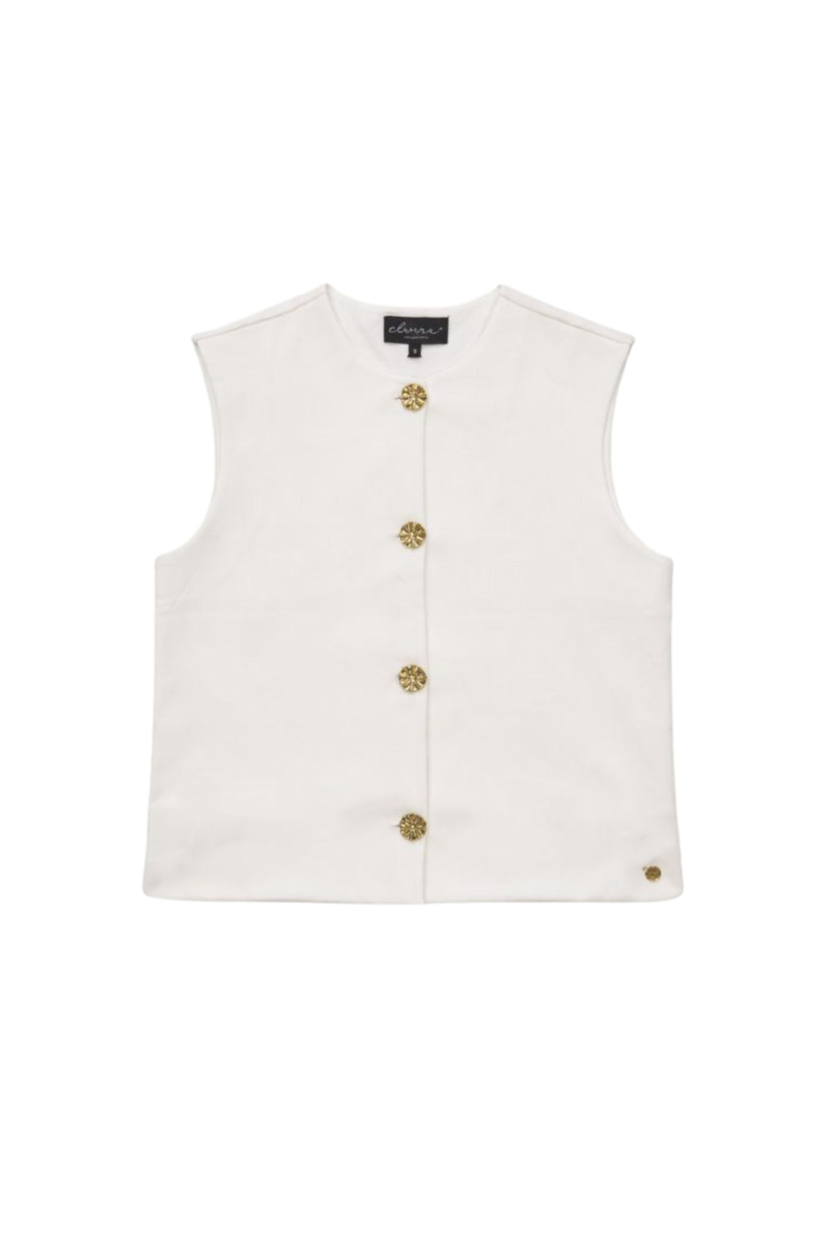 Elvira Casuals Gilet Cato Offwhite, close-up van het lichtgekleurde, zachte gilet met knopen en fijne textuur.