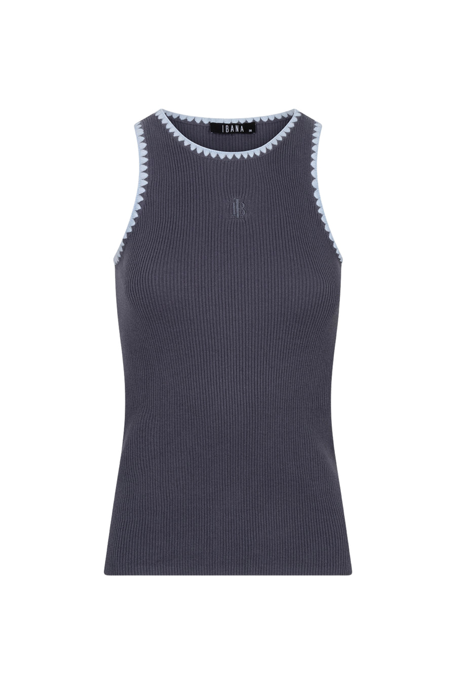 Linnen top Timora Azur Grey van Ibana, met elegante pasvorm en zacht grijs blauw design, zichtbaar in de afbeelding