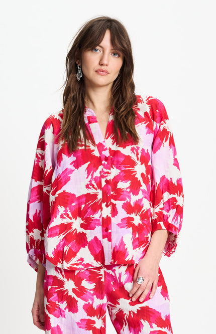 POM Amsterdam Blouse Bubble Bloom Lavender Linen Multi Colour SP9586 Stretchshop.nl