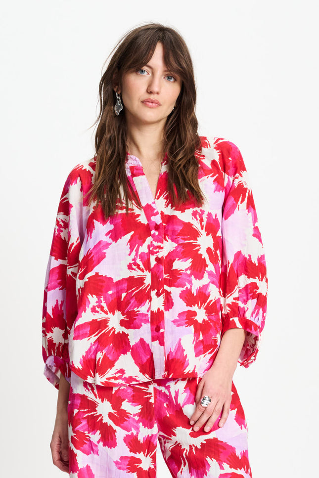 POM Amsterdam Blouse Bubble Bloom Lavender Linen Multi Colour SP9586 Stretchshop.nl