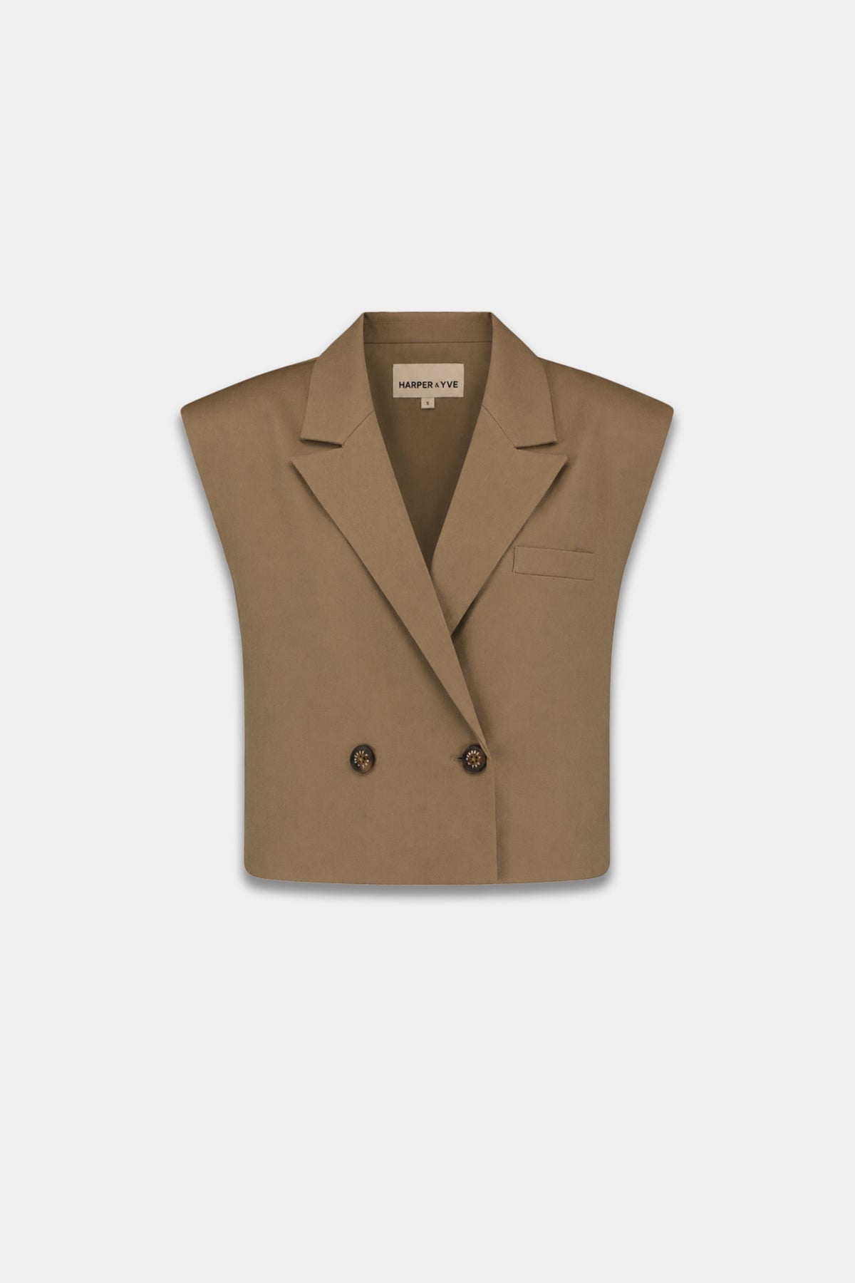 Harper & Yve Gilet Esmee in muted mosskleurige stof met knopen en een zachte, comfortabele uitstraling.