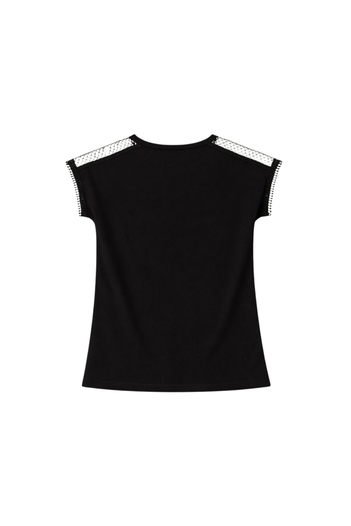 Zwarte top Lianne van Elvira Casuals met ronde hals en korte mouwen, gedragen door een model.