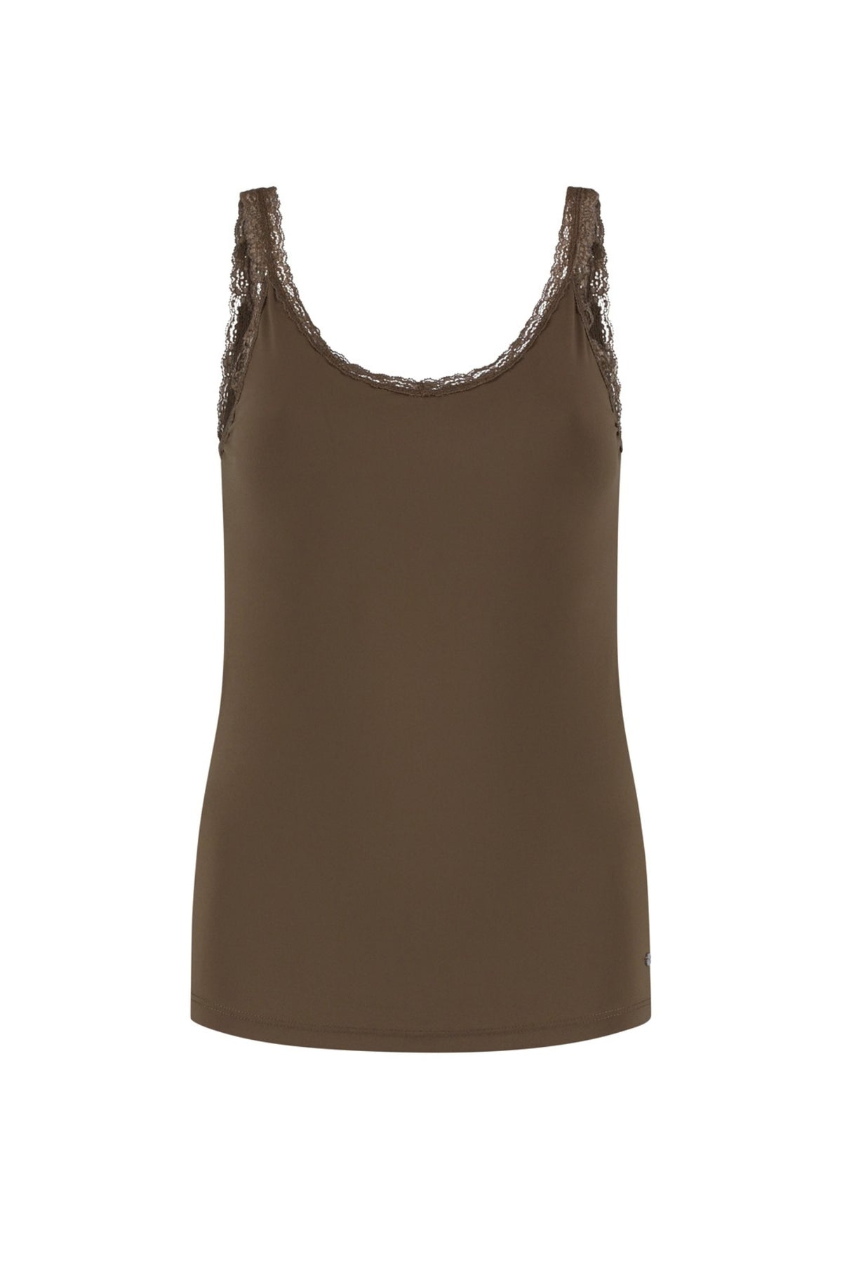 Ladie Day Travel Top Lacy Truffle, elegante zwarte top met kanten details, geschikt voor reizen en casual dragen.