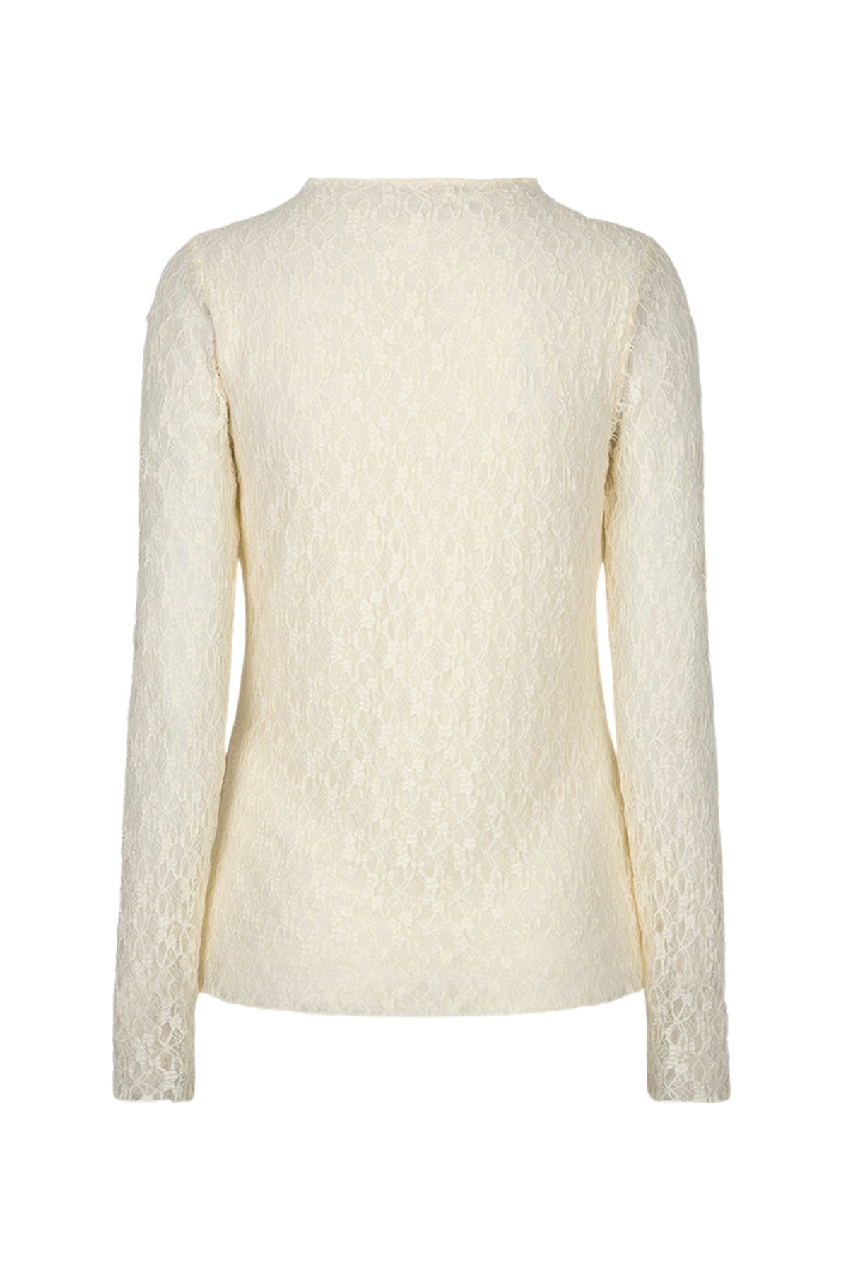 Offwhite kanten top van EsQualo, F26.30504, met delicatietechniek en elegante details, gedragen op een model.
