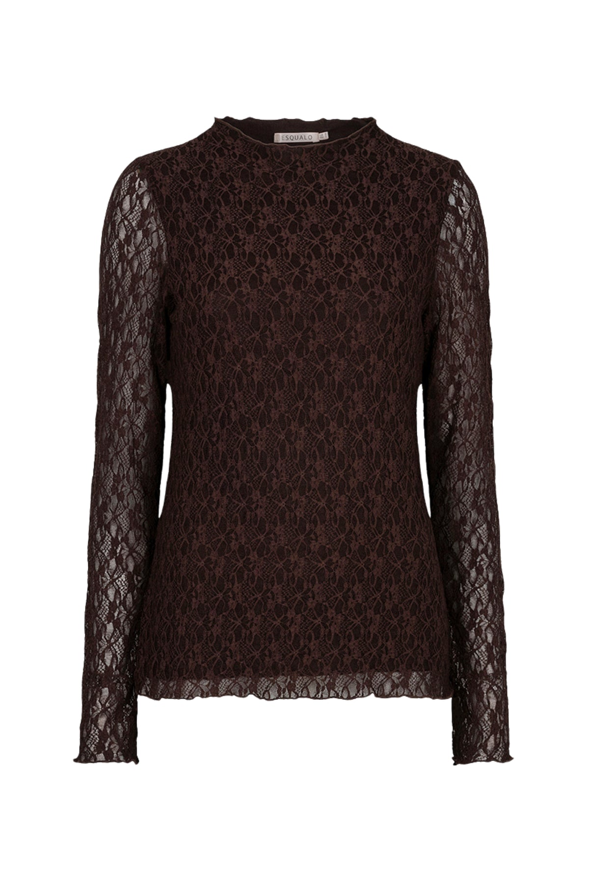 Lichtbruine kanten top van EsQualo, model Lace Cacao F26.30504, met fijne details en elegante pasvorm.
