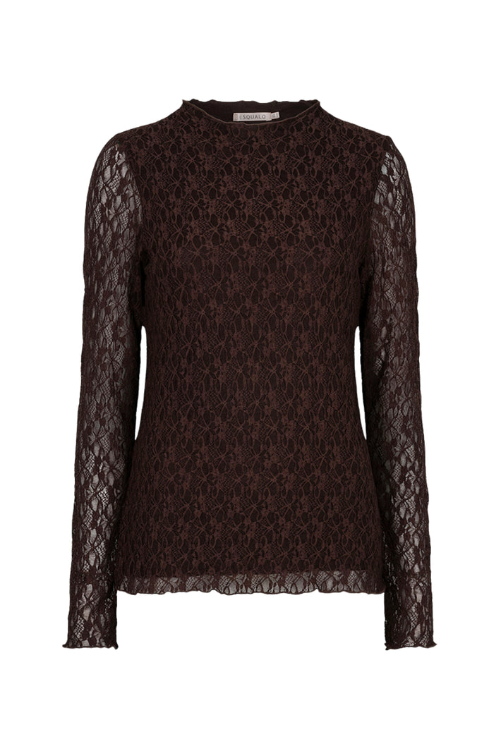 Lichtbruine kanten top van EsQualo, model Lace Cacao F26.30504, met fijne details en elegante pasvorm.
