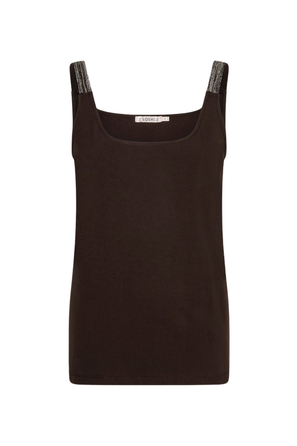 Zwart singlet van EsQualo met lurex-details en smalle schouderbandjes, gelegen op een lichte achtergrond.