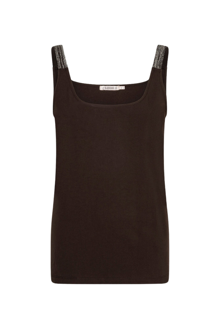 Zwart singlet van EsQualo met lurex-details en smalle schouderbandjes, gelegen op een lichte achtergrond.