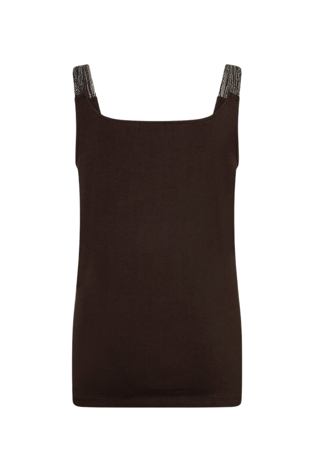 Zwart singlet van EsQualo met lurex straps, glanzende details en een comfortabele pasvorm, geschikt voor casual en feestkleding.