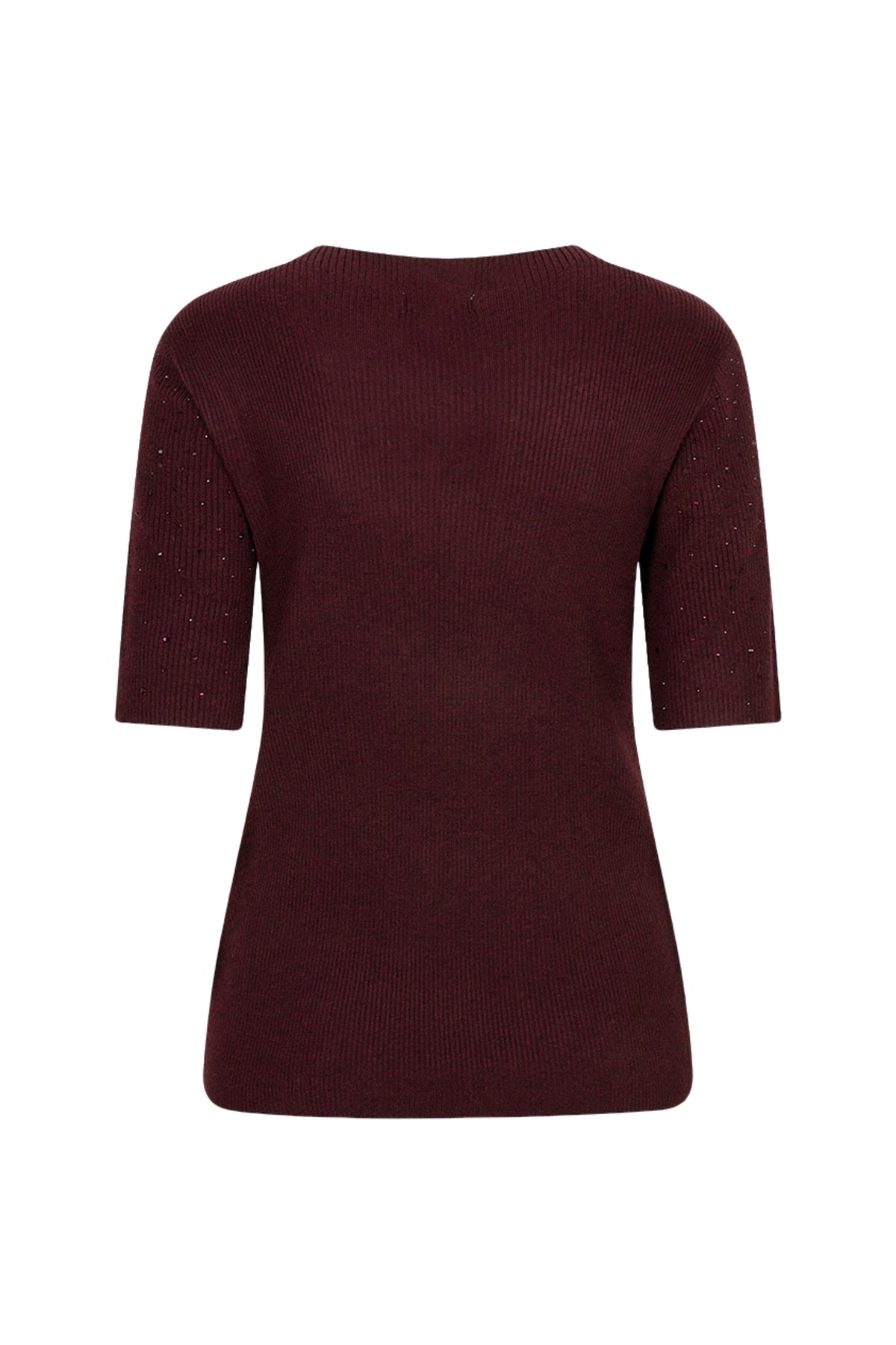 Donkerrood EsQualo Sweater Studs Merlot met opvallende studs, zachte stof en comfortabele pasvorm, close-up van de voorkant.