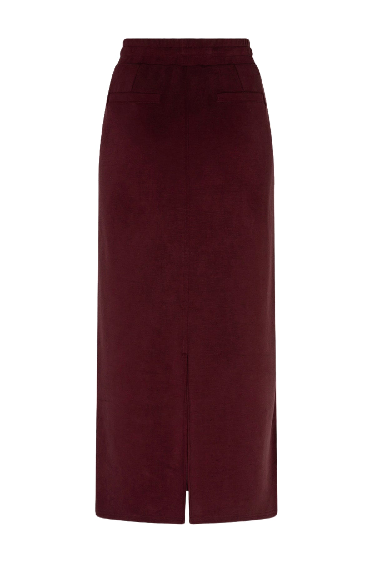 Zwarte rok van modal in merlotkleur met monogramprint, door EsQualo, zichtbaar op de afbeelding.