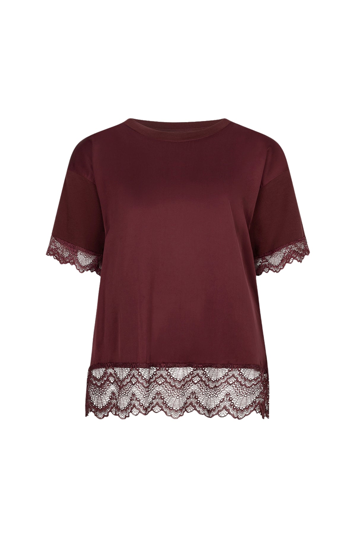 Zwart T-shirt van satijn en kant in merlotkleur van EsQualo, met elegante details en comfortabele pasvorm.
