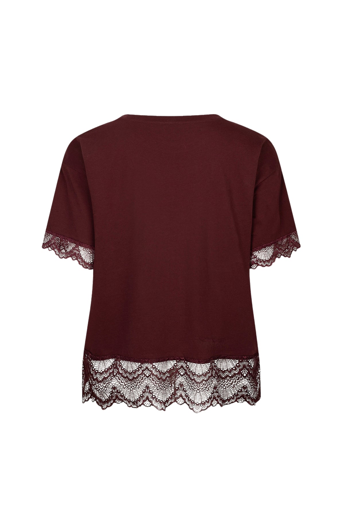 Zwart T-shirt van zijde en kant met satijnen afwerking door EsQualo, Merlot kleur, casual stijl, close-up van het stof en details