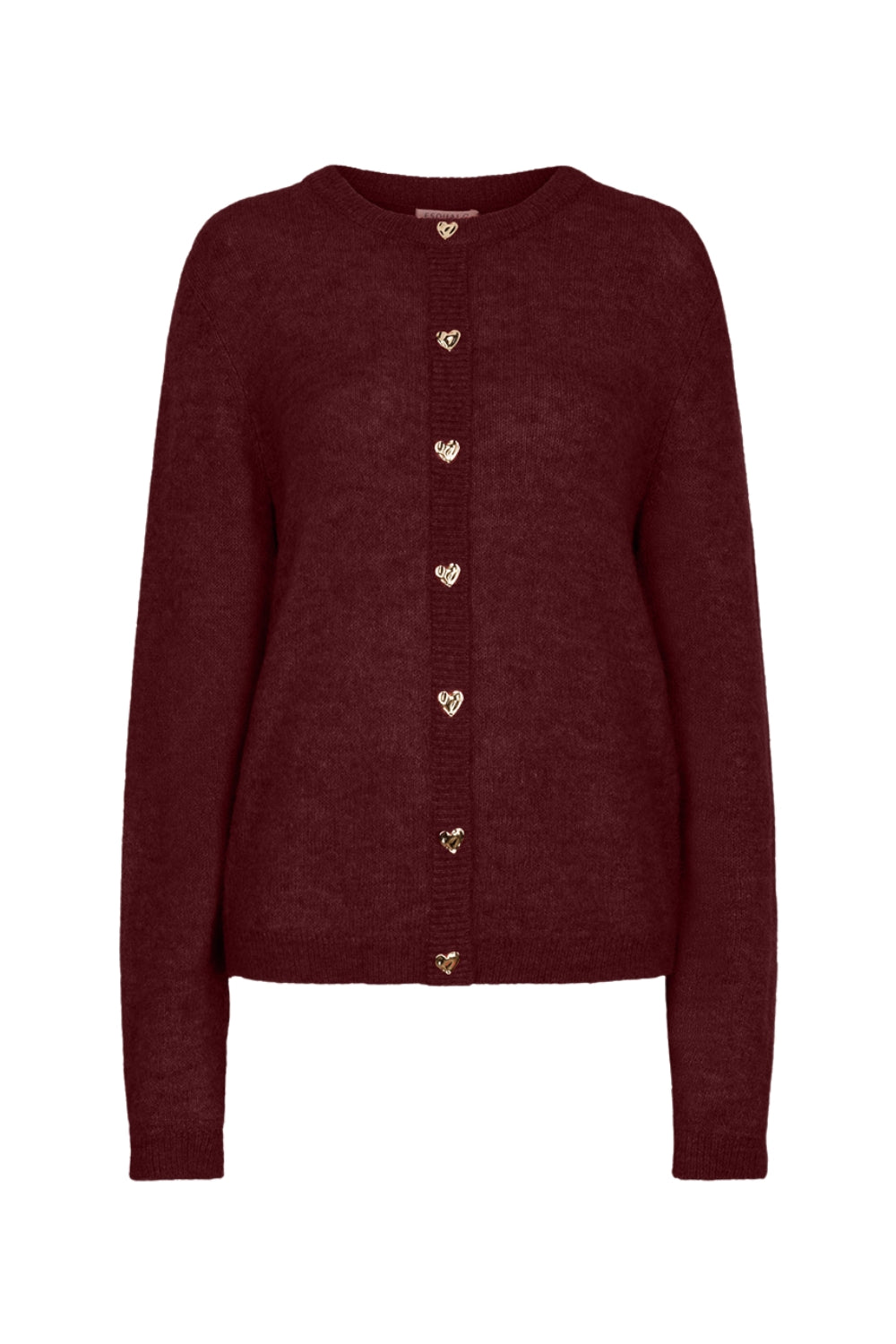 Donkerrode EsQualo cardigan met knopen en gesloten knoopsluiting, modieus en elegant, gedragen door een persoon.