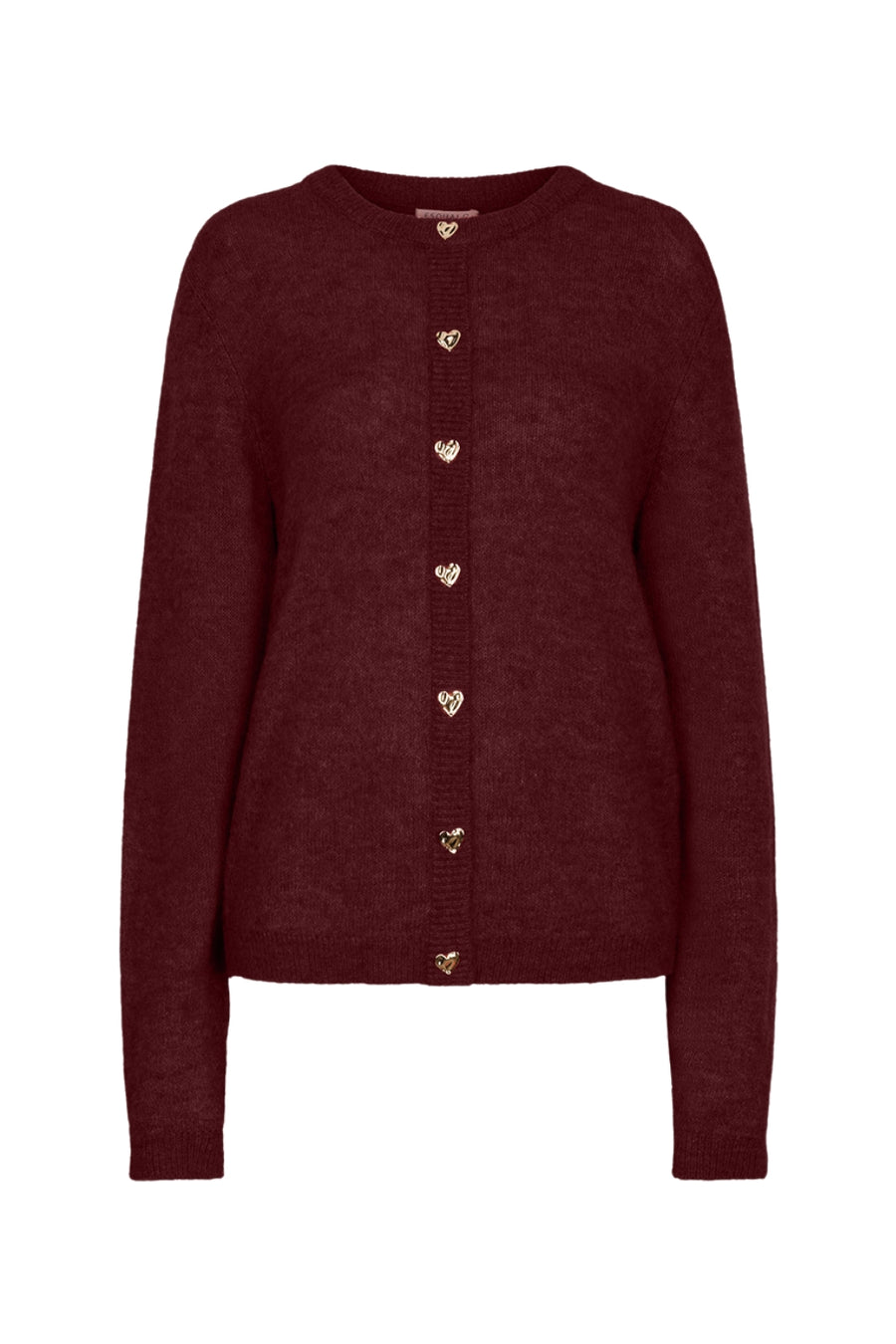 Donkerrode EsQualo cardigan met knopen en gesloten knoopsluiting, modieus en elegant, gedragen door een persoon.