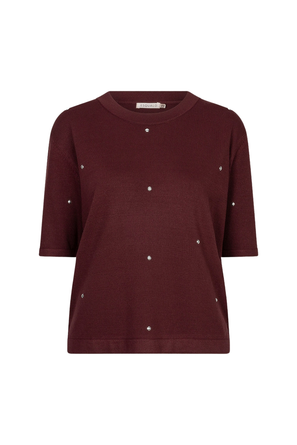 Lichte merlotkleurige EsQualo sweater met studs, comfortabel en modieus, zichtbaar met details van de stof en versiering.