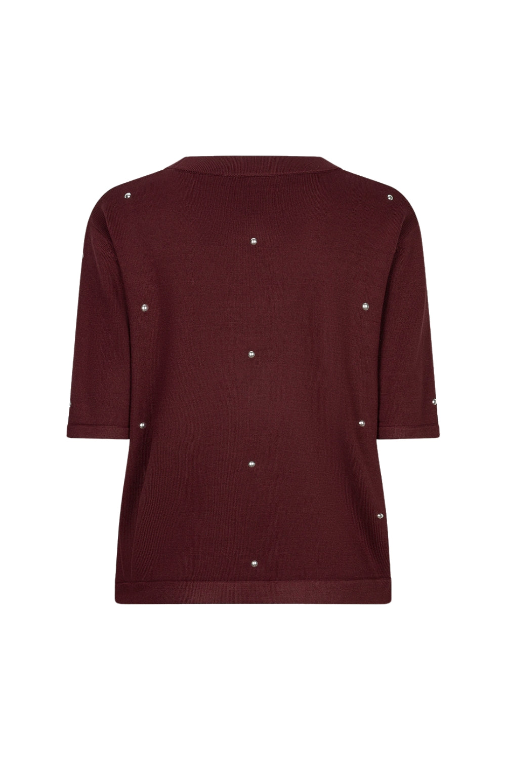Donkerrode EsQualo sweater met studs, stijlvolle merlot kleur, zachte stof en modieuze details, geschikt voor casual en elegante looks
