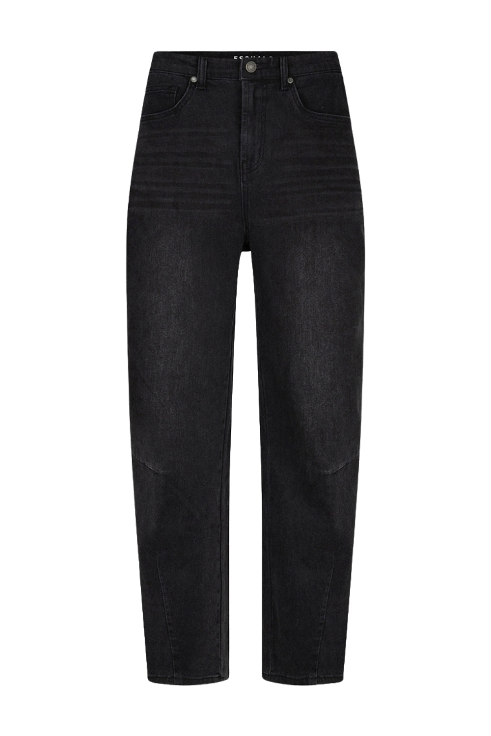 Donkere grijze denim jeans van EsQualo, model Barrrel Denim F26.12507, met details van stof en pasvorm.