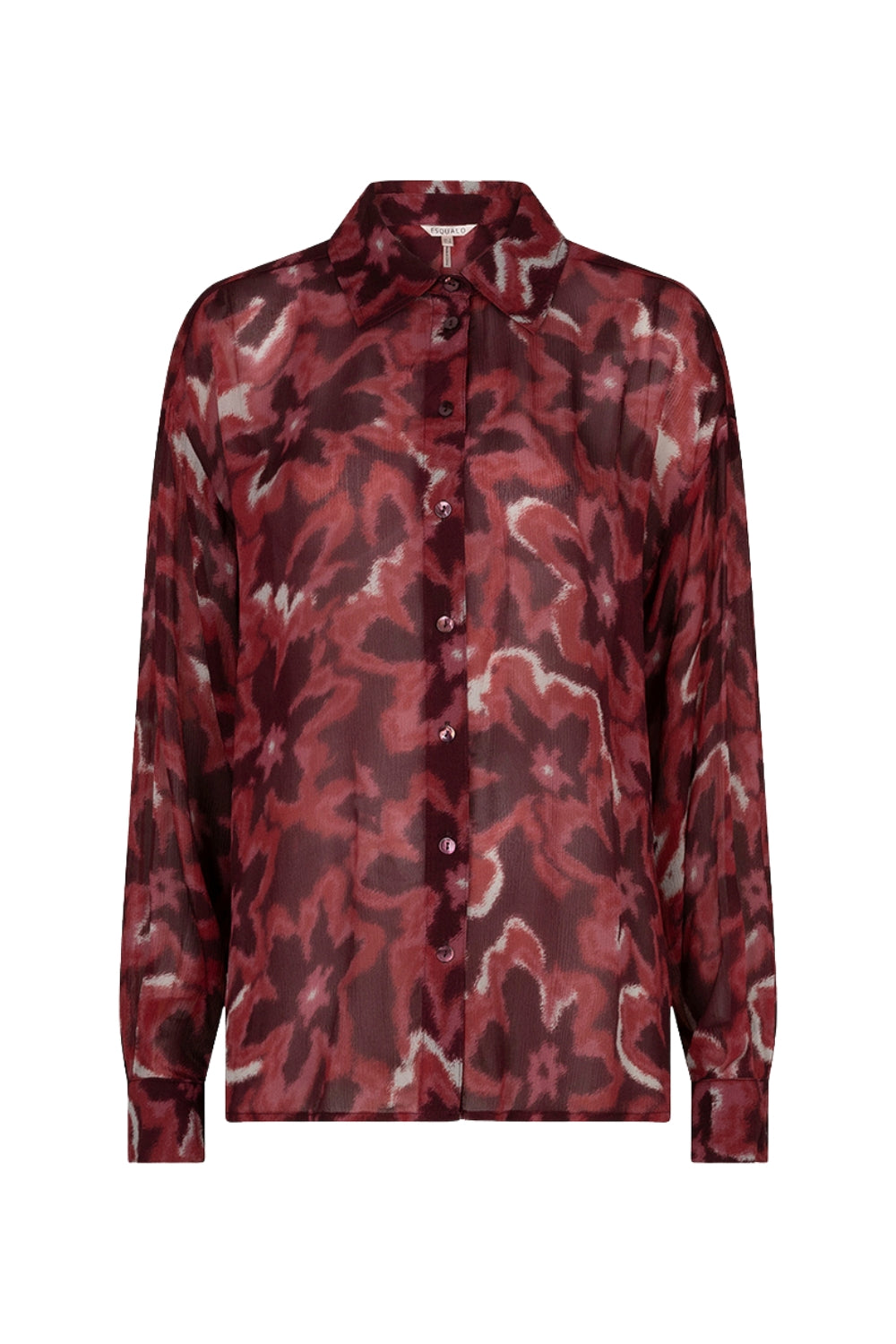 EsQualo blouse met herfstbloemenprint, licht en elegant, gedragen door een model, getoond op een witte achtergrond.