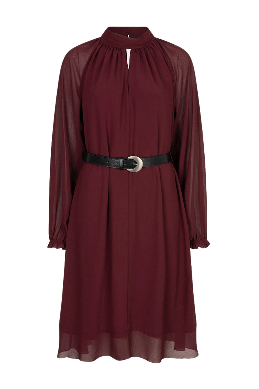 Zwarte chiffon jurk met mock neck van EsQualo, elegant model met los vallende stof en lange mouwen, geschikt voor speciale gelegenheden.