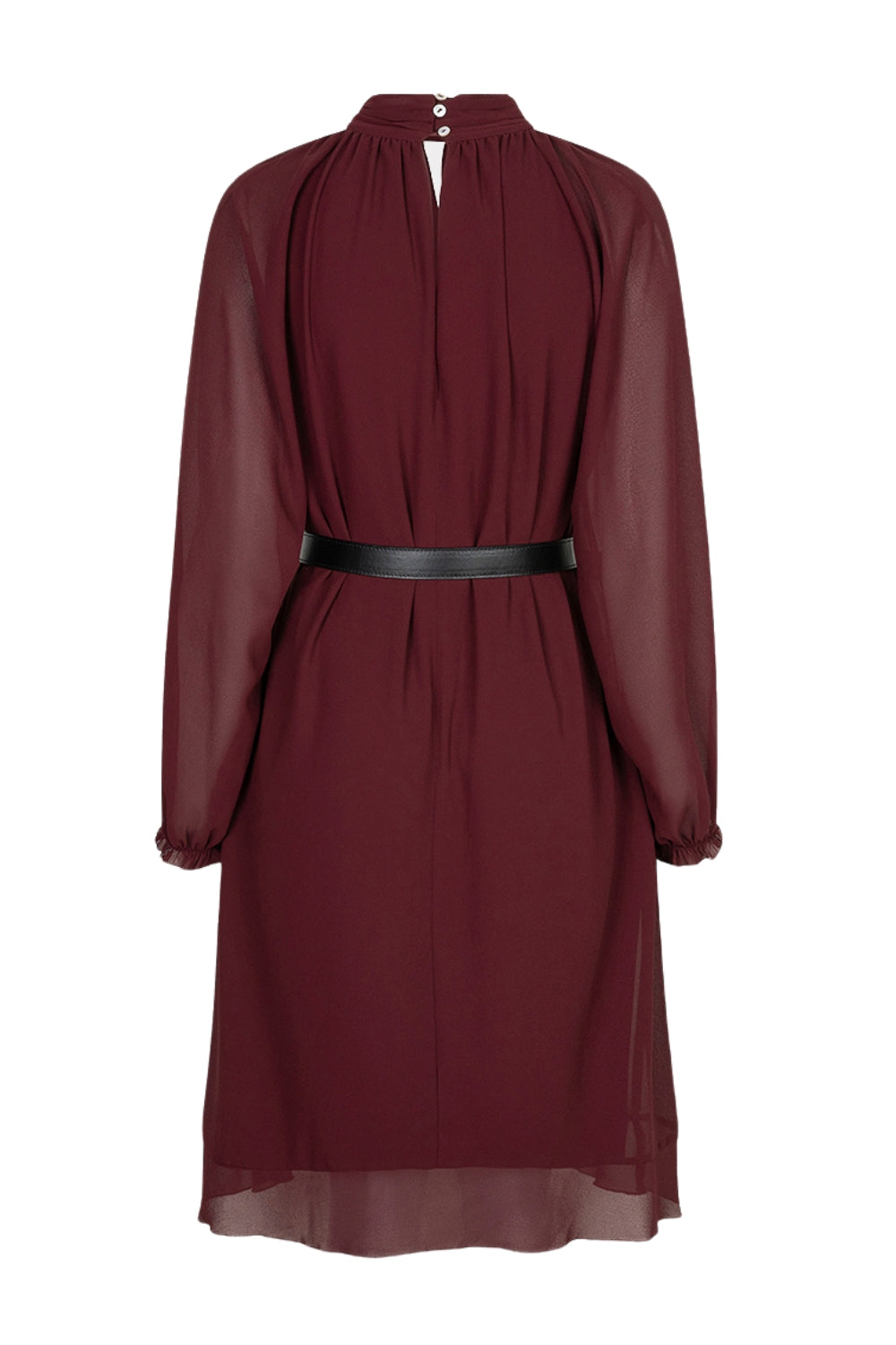 Zwarte chiffon jurk met mock neck en roze merlot kleur, doorzichtige mouwen en elegante pasvorm, van EsQualo.